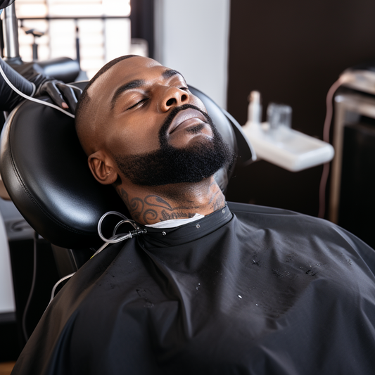  A skilled technician carefully applying Scalp Micro-Pigmentation (SMP) to a client's beard, creating a fuller and well-defined appearance.